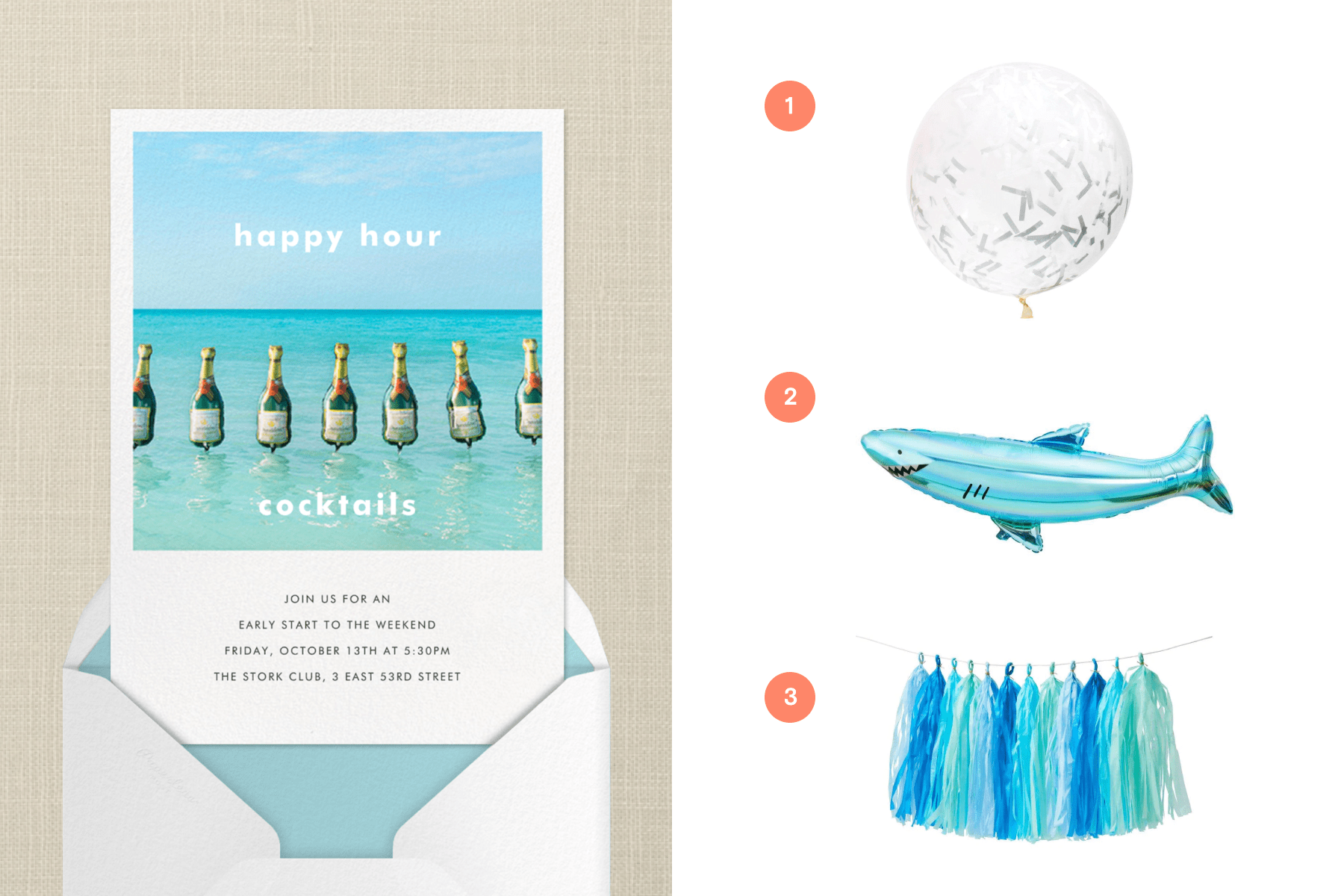 Left: An invitation with Champagne bottle balloons on the ocean. Right: A balloon with confetti inside, a shark-shaped balloon, a blue tassel garland. 