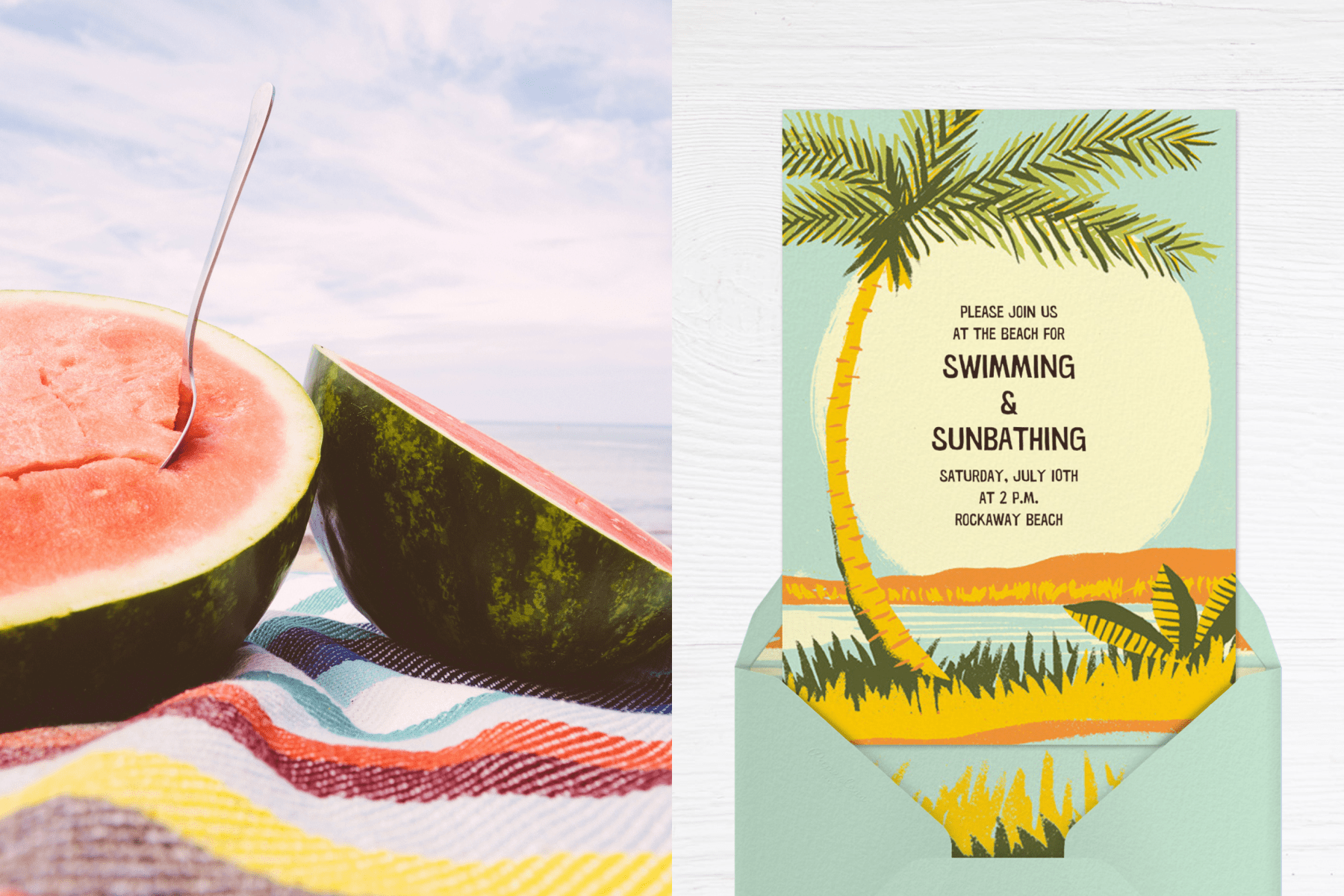 Left: A watermelon cut in halves at the beach. Right: An invitation with an illustration of a palm tree in front of the sun and water. 