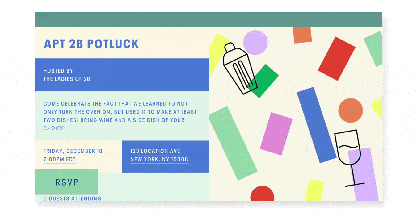 A colorful online invite with the words “Apt 2B Potluck,” blue and green stripes, and on the right, a bunch of rainbow-colored blocks, simple gifs of a cocktail shaker and wine glass, and the letters BYOB flashing.