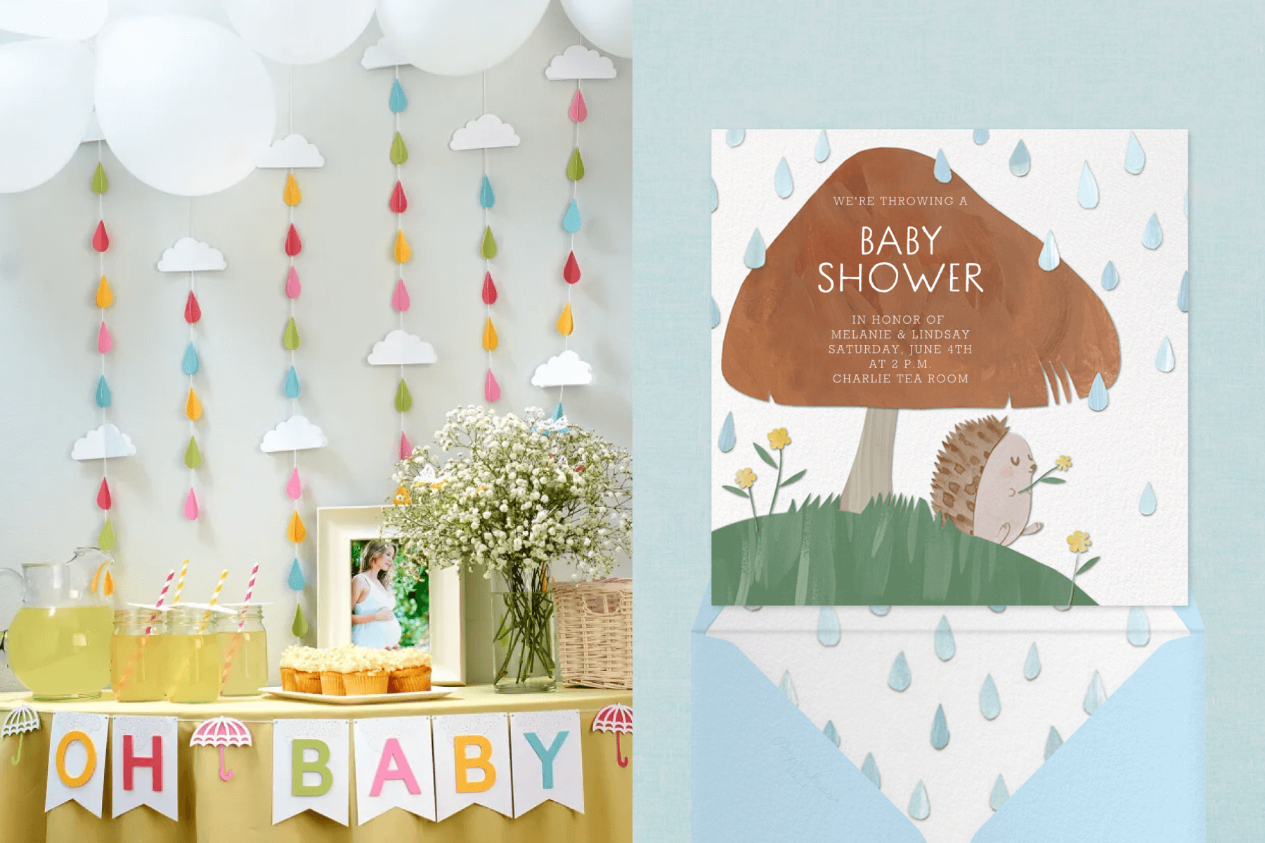 Left: Colorful cloud and raindrop wall decorations at a baby shower. Right: An invitation with a small paper cutout hedgehog under a mushroom in a rain shower. 