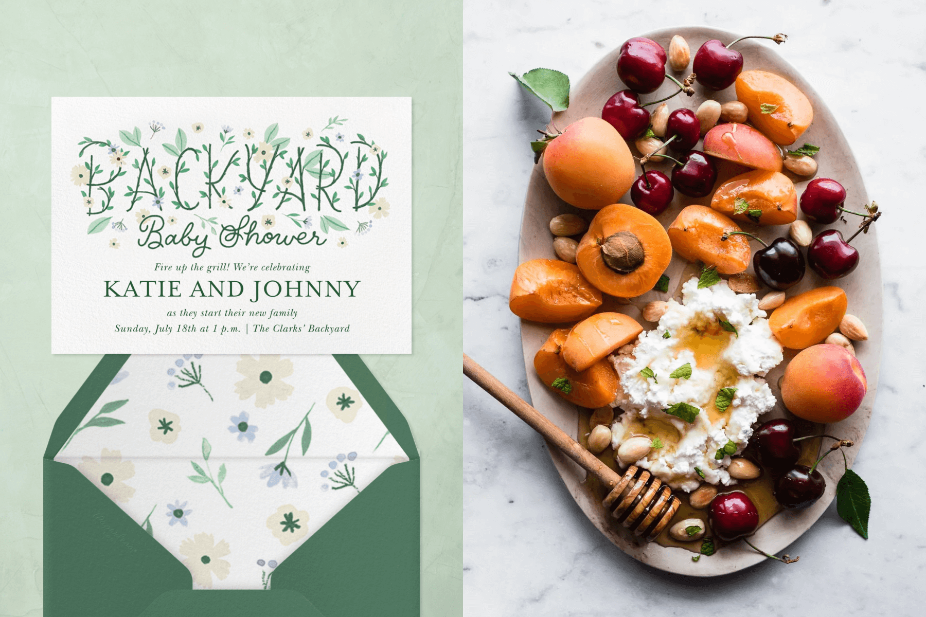 Left: A baby shower invitation with subtle leaf and flower illustrations. Right: A serving platter with stone fruits and ricotta cheese