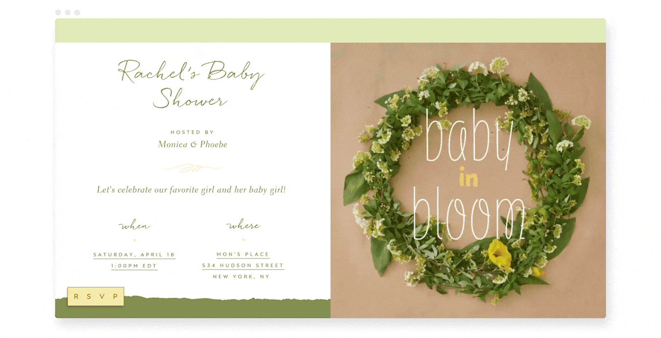 online invitation with a gif of a wreath blooming with yellow flowers