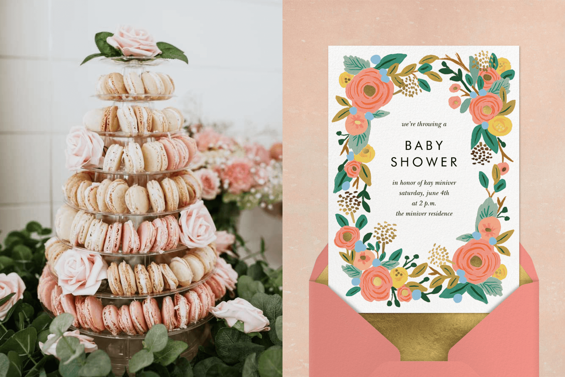 Left: A macaron tower. Right: An invitation with a painterly floral border
