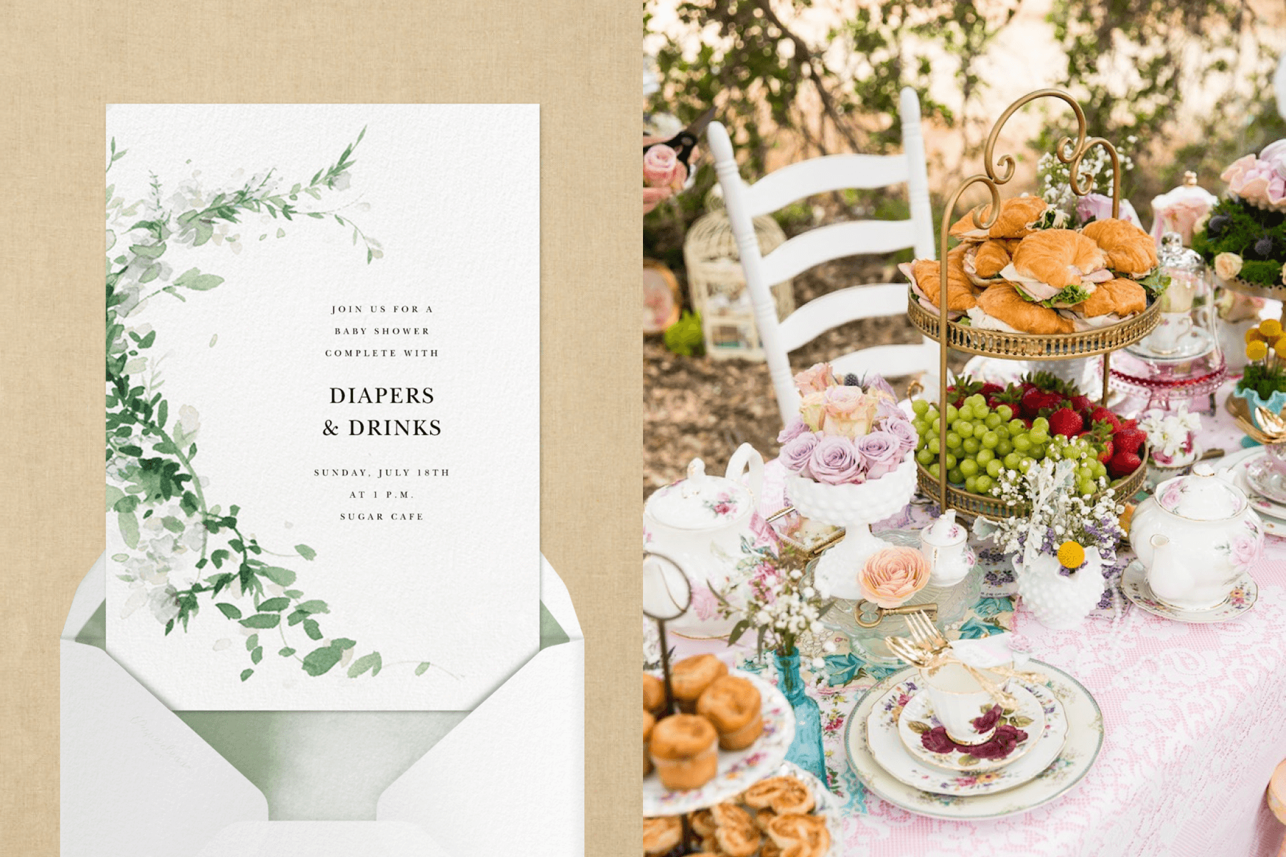 Left: invitation with delicate green branches and leaves. Right: garden party table with abundant finger food and florals