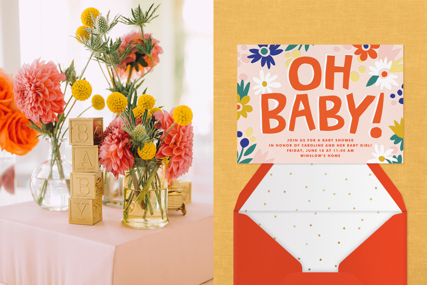 Left: Bright flowers in glass bud vases with blocks that read “BABY.” Right: An invitation with colorful simplified flower drawings and the words “OH BABY!”
