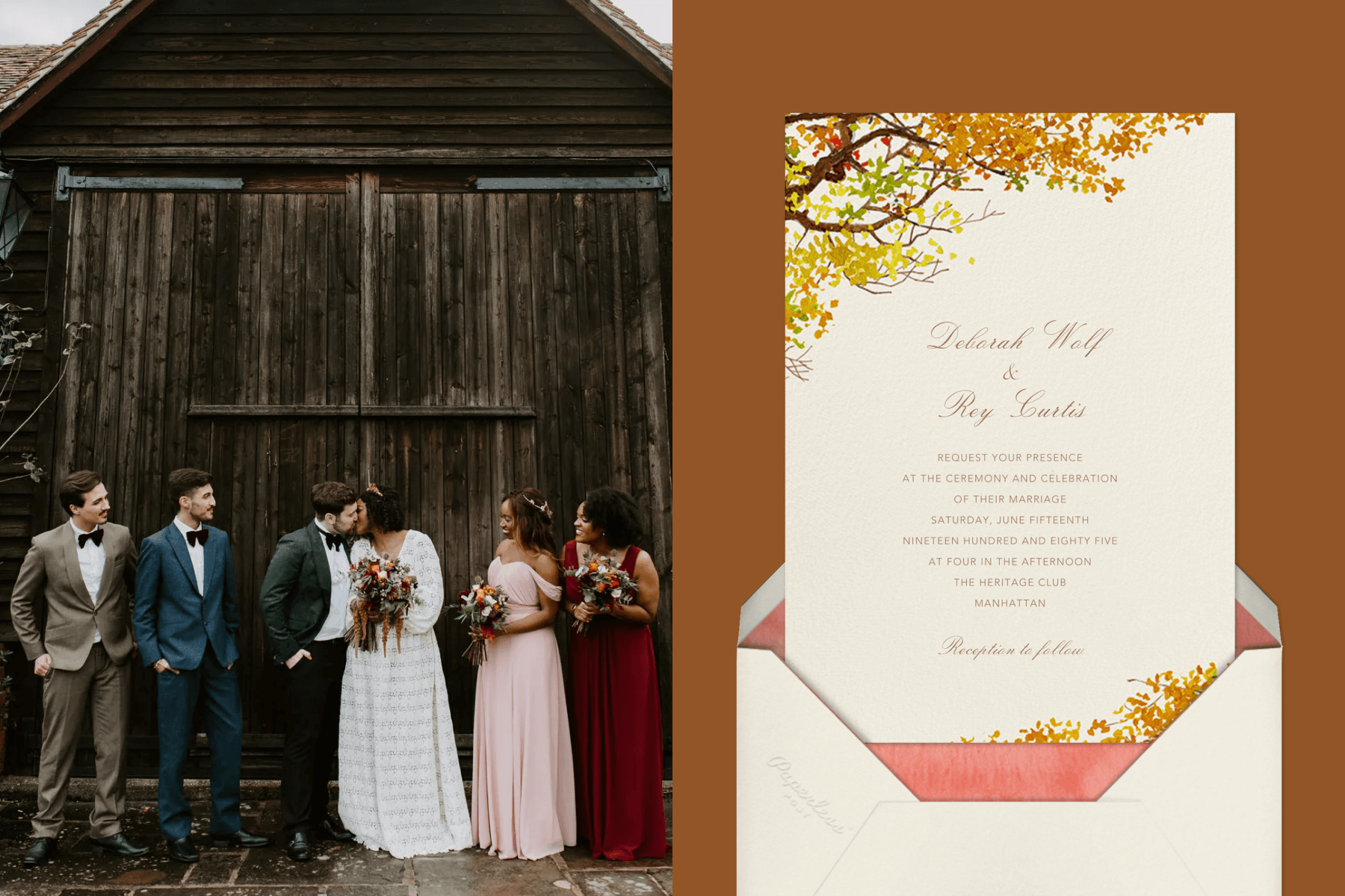 Left: A man and woman kiss in front of a barn while their wedding party members look on. Right: A wedding invitation with autumnal leaves on a tree branch in the upper left corner