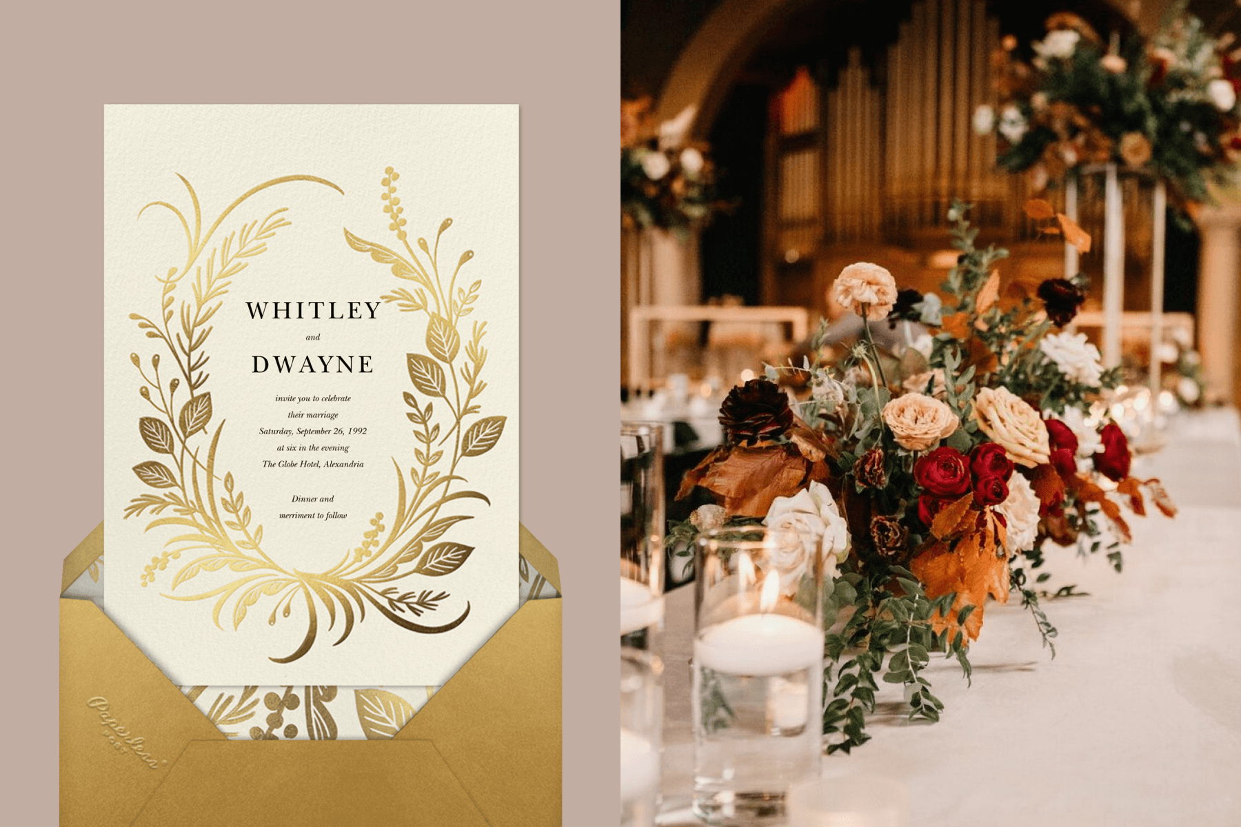 wedding invitation with a gold foil wreath of leaves and grasses. Right: An autumnal floral table centerpiece