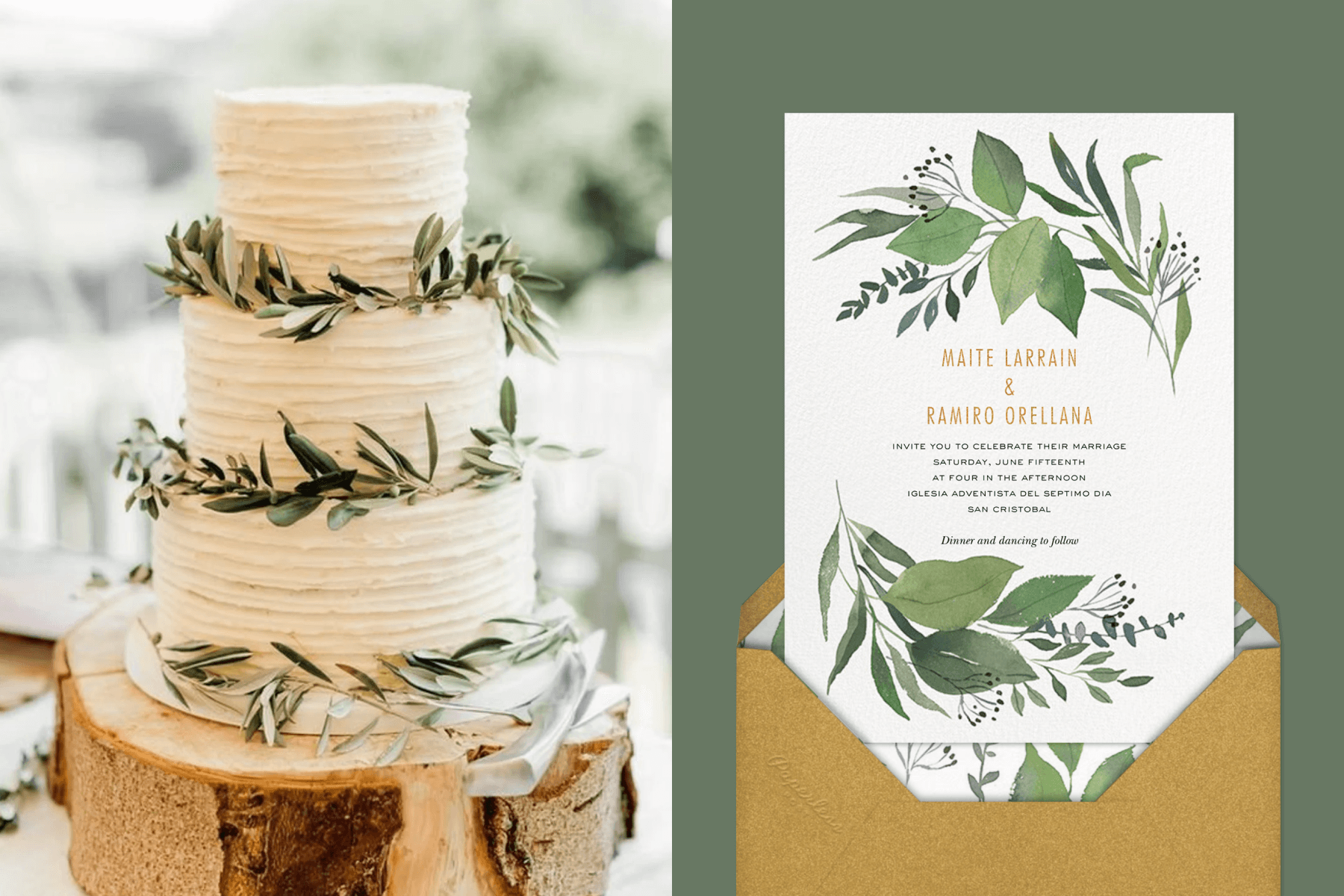 white three-tiered wedding cake decorated with olive branches. Right: A wedding invitation with green watercolor leaves