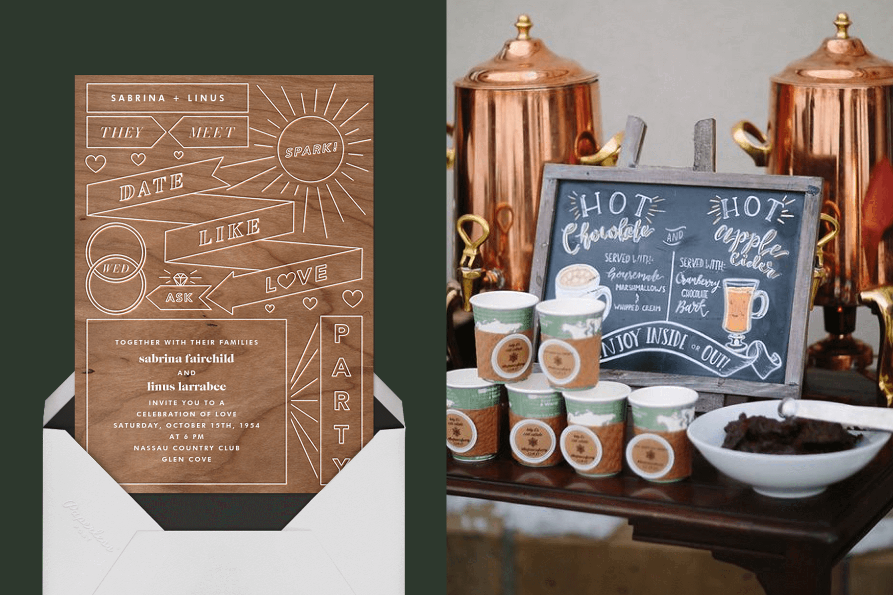 Left: wood grain wedding invitation with etched details. Right: hot chocolate bar with a chalkboard and copper drink dispensers