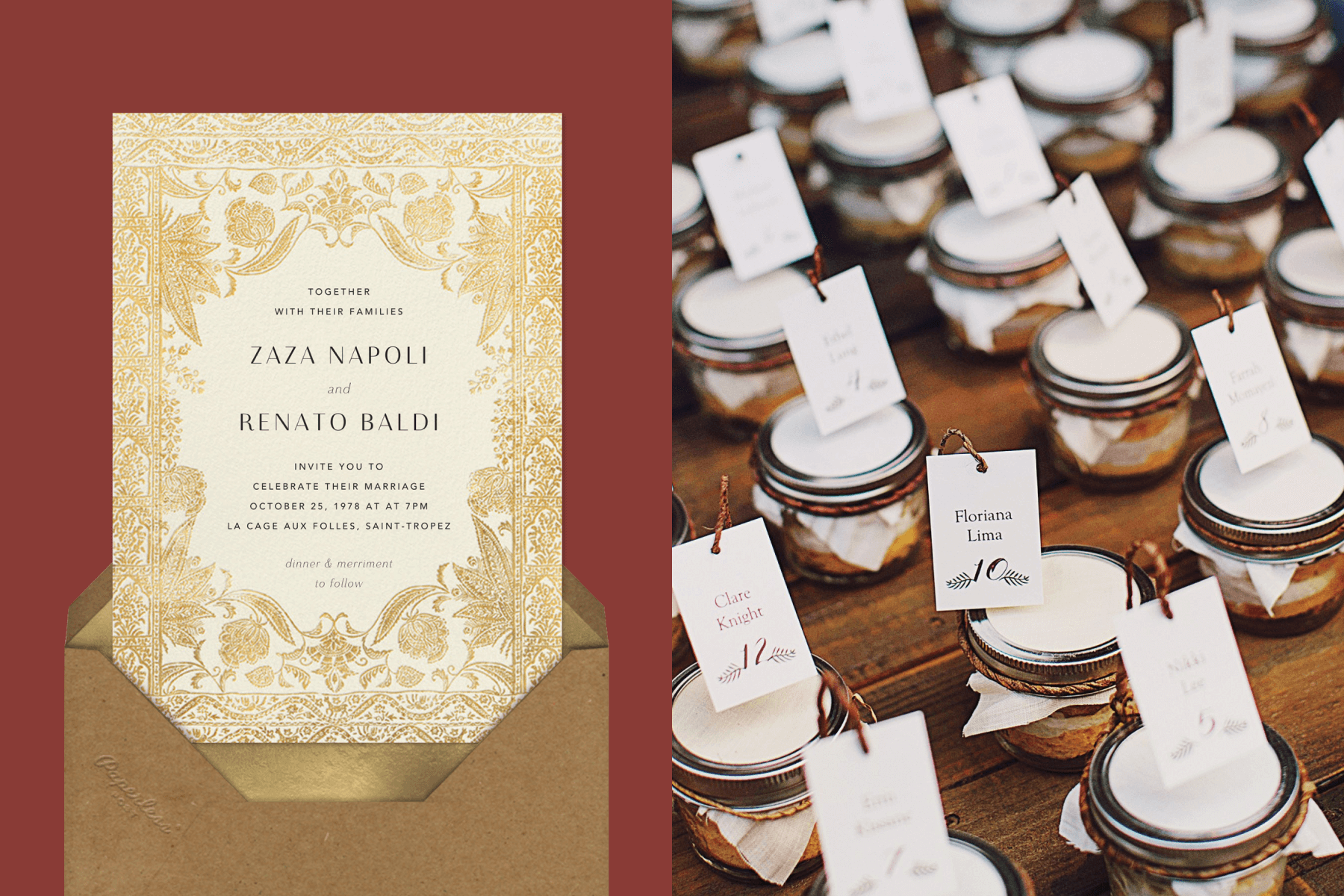 Left: Invitation with an ornate gold foil border design. Right: Seat numbers that double as wedding favors in small glass jars
