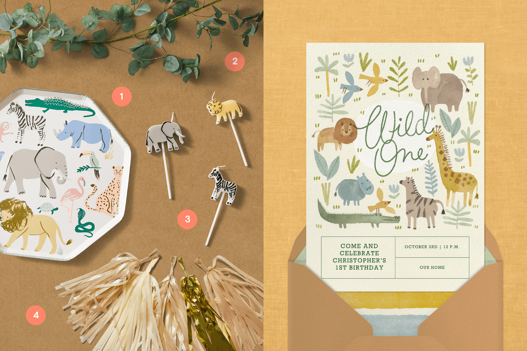 Left: Supplies for a safari-themed party, including a paper plate with animal illustrations, animal candles, a leafy garland, and shiny pom pom tassels. Right: An invitation for a 1st birthday reads “Wild One” with illustrations of African safari animals.