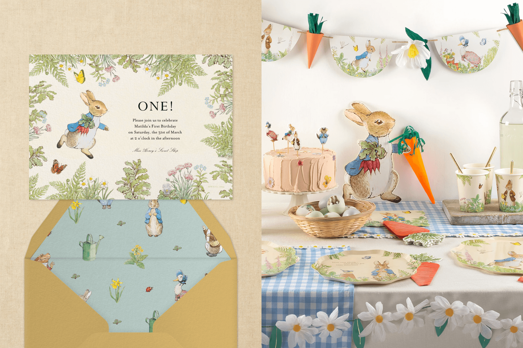 Left: A Peter Rabbit invitation shows Peter in a blue jacket running with carrots in his hand surrounded by greenery and butterflies. Right: A table set for a Peter Rabbit party with character cutouts, a Peter bunting garland, plates, a pink cake, and blue gingham tablecloth.