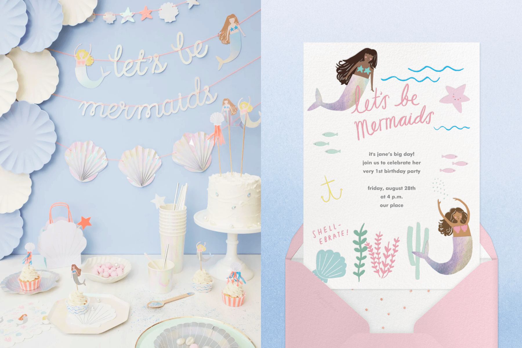 Left: A table set for a mermaid party with light blue walls, scallop shell bunting, mermaid cake decorations, and cupcakes. Right: A birthday invitation reads “Let’s be mermaids” and “shell-ebrate” with two illustrated mermaids among fish and sea life.