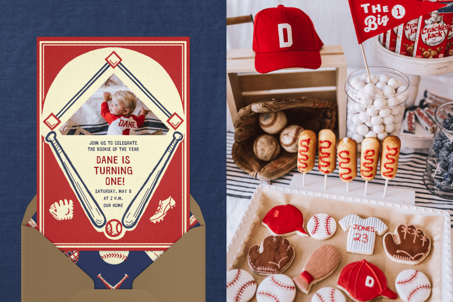 Left: A red and cream birthday invitation designed to resemble a baseball diamond and a photo of a young boy in the center reads “Dane is turning one!” Right: A table set for a baseball-themed party with decorated sugar cookies in baseball, jersey, cap, and glove shapes, mini corn dogs, a red cap and glove, and Cracker Jacks.