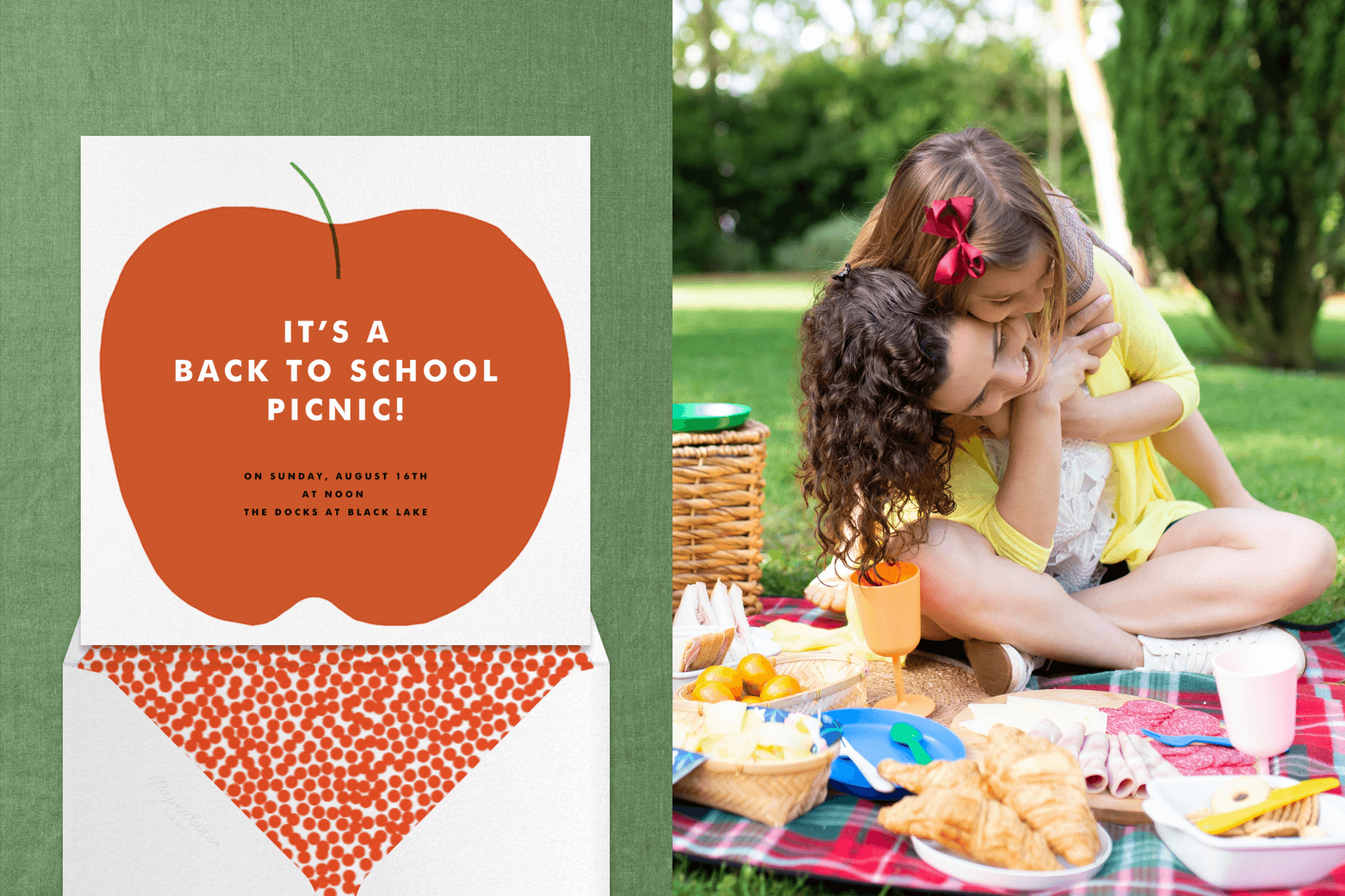 Left: An invitation for a back-to-school picnic shows a large red apple on a green backdrop. Right: A young girl hugs a woman seated on a picnic blanket in the park from behind.