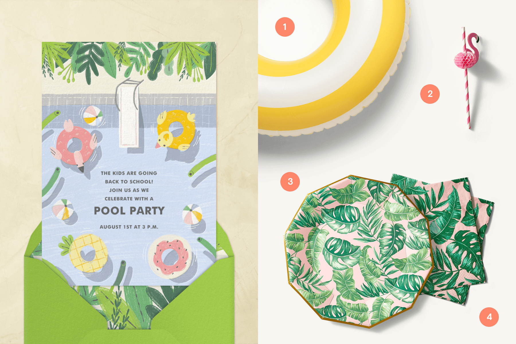 Left: A pool party invitation shows an illustration of a pool from above with a diving board and fun pool floats. Right: A yellow and white striped pool float, a paper plate with monstera leaves and matching cocktail napkins, and a striped pink straw with a paper flamingo attached.