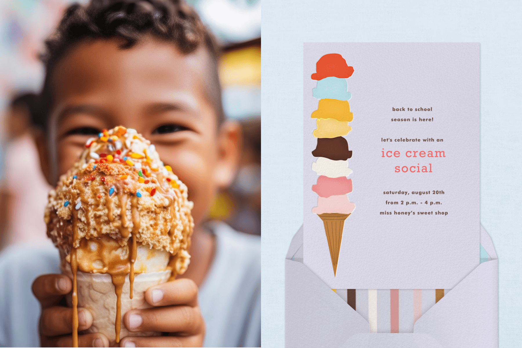 Left: A young boy holds a melting ice cream cone with rainbow sprinkles in front of his face. Right: An ice cream social invitation has a light purple background and an illustration of a cone on the left with eight colorful scoops on top.