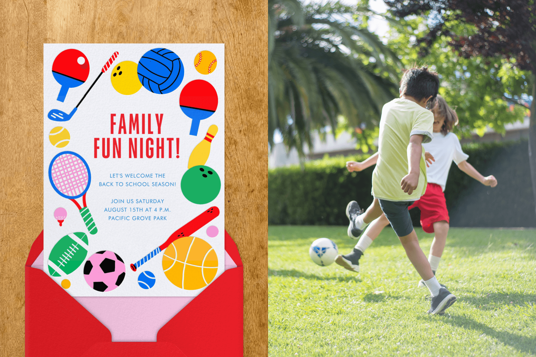 Left: A family fun night invitation with illustrations around the border of colorful ball and racquet sports. Right: Two children play soccer in a yard with a palm tree behind them.
