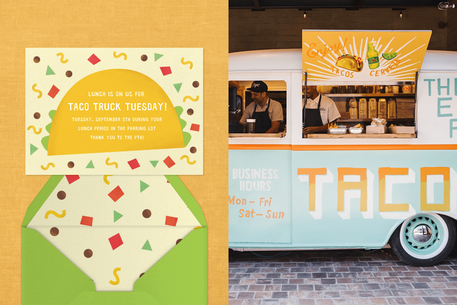 Left: A “taco truck Tuesday” invitation with an illustration of a yellow taco and simple shapes representing cheese, lettuce, tomatoes, and beans. Right: A vintage van repurposed as a taco truck.