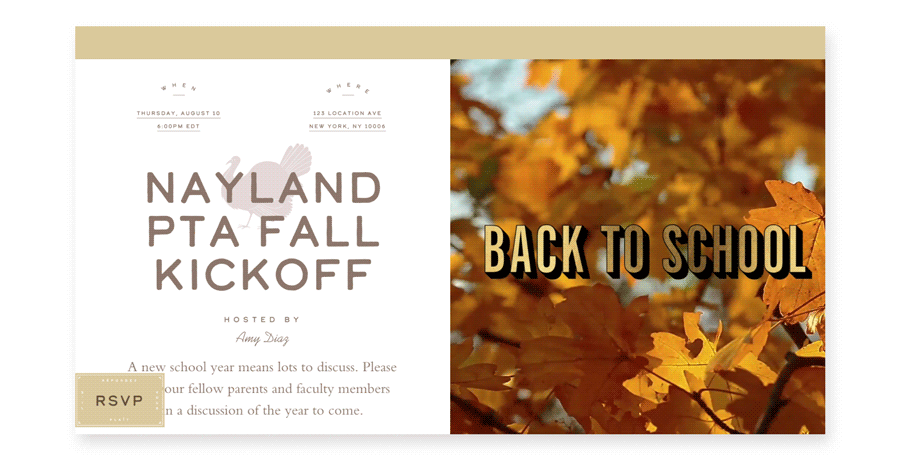 An online invitation for the Nayland PTA Fall Kickoff with an outline of a turkey and a gif of moving autumn leaves with the words “BACK TO SCHOOL.”