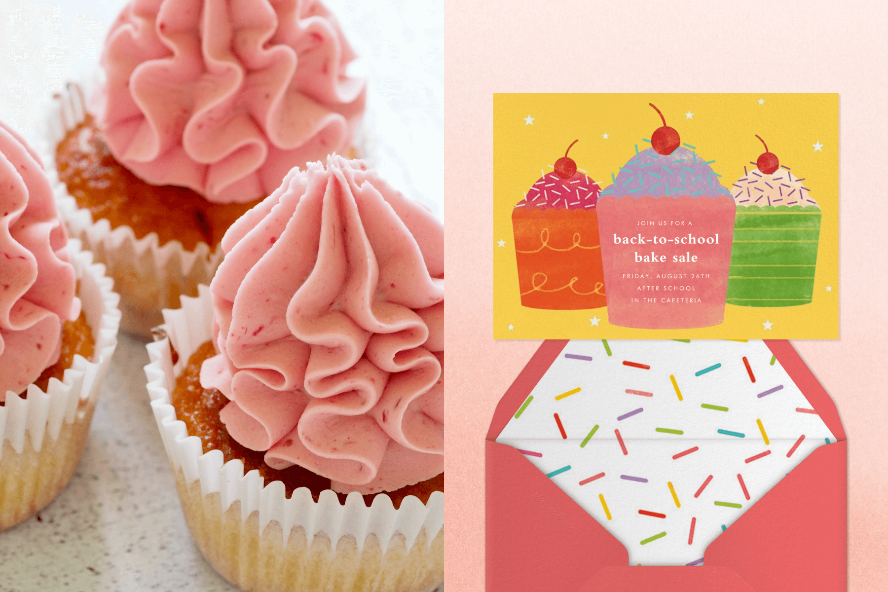Left: Three cupcakes with pink frosting. Right: A yellow invitation for a back-to-school bake sale with three colorful illustrated cupcakes and a red envelope with a liner of sprinkles.
