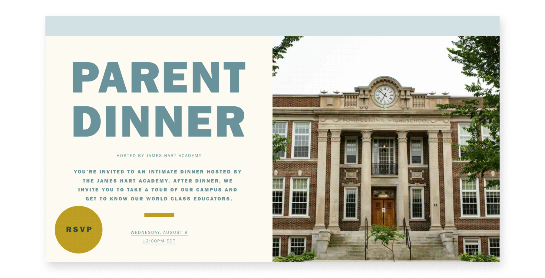 An online invitation for a Parent Dinner” has a photo of a brick school with columns and a clock, and a gif with the words “Parents night.”