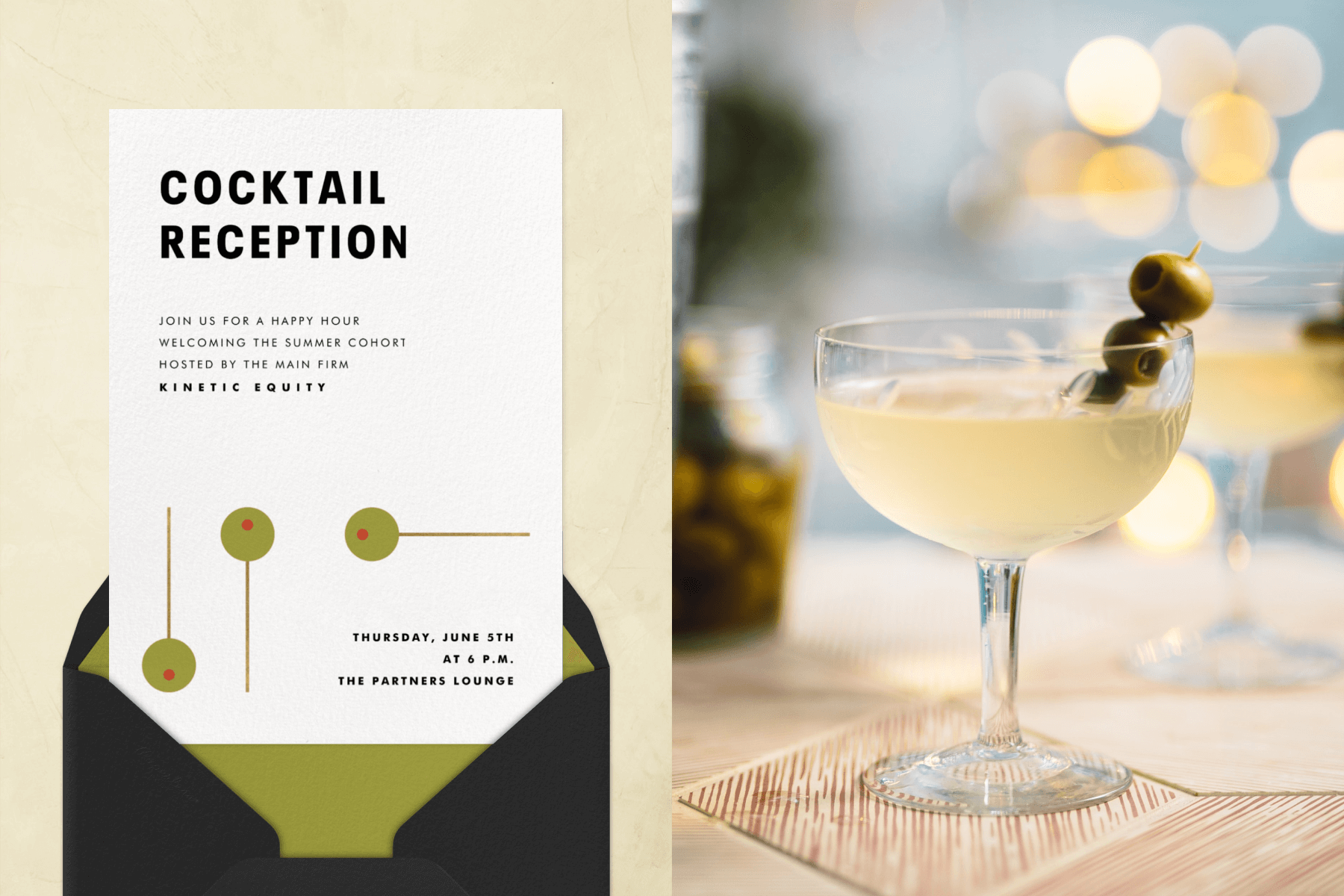 Left: A cocktail reception invitation with simple illustrations of three green olives on toothpicks. Right: A coupe glass holding a dirty martini with an olive garnish.