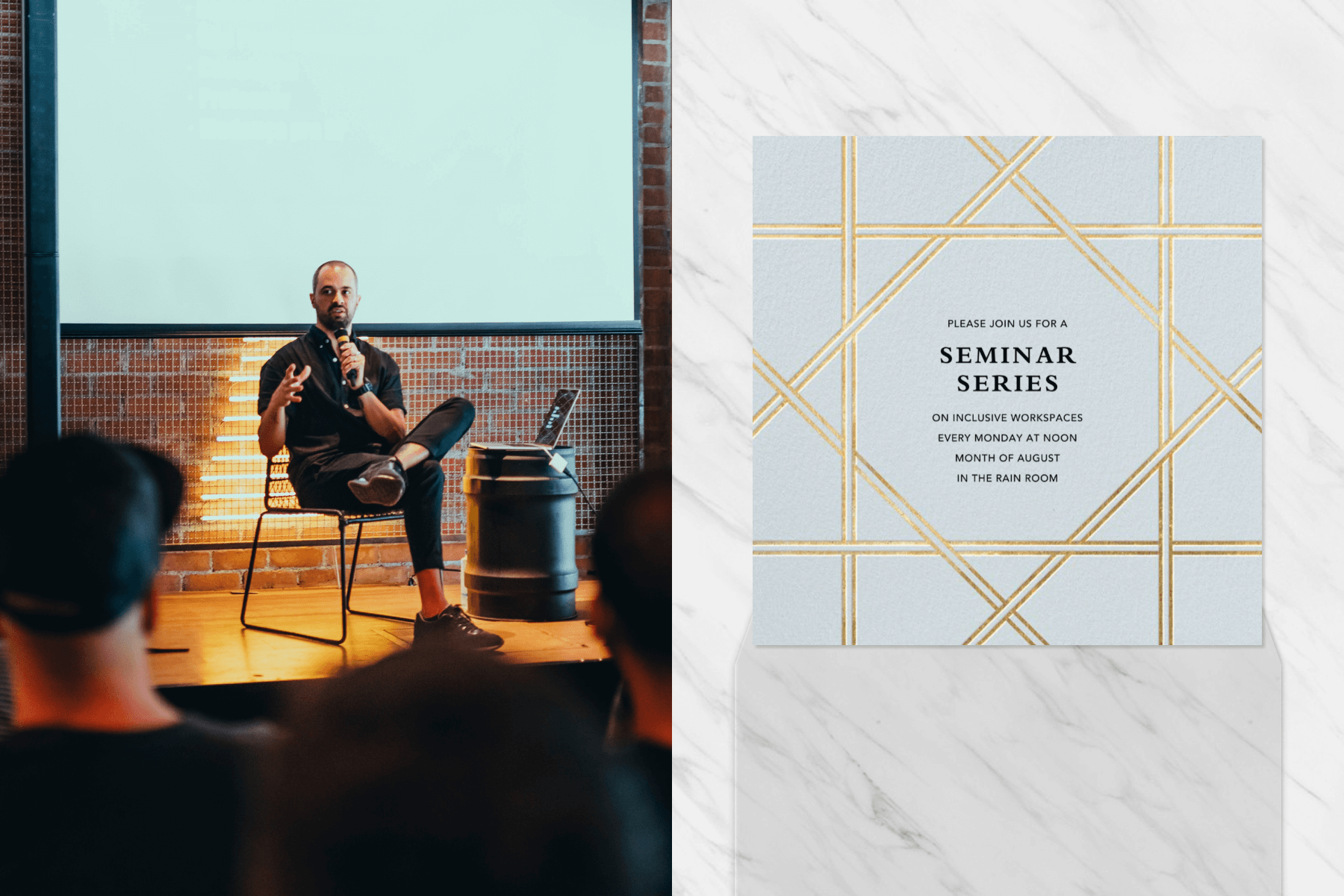 Left: At a corporate event, a man sits on a wooden stage speaking into a microphone with a laptop facing him. Right: A seminar series invitation in light blue with gold lines criss-crossing.