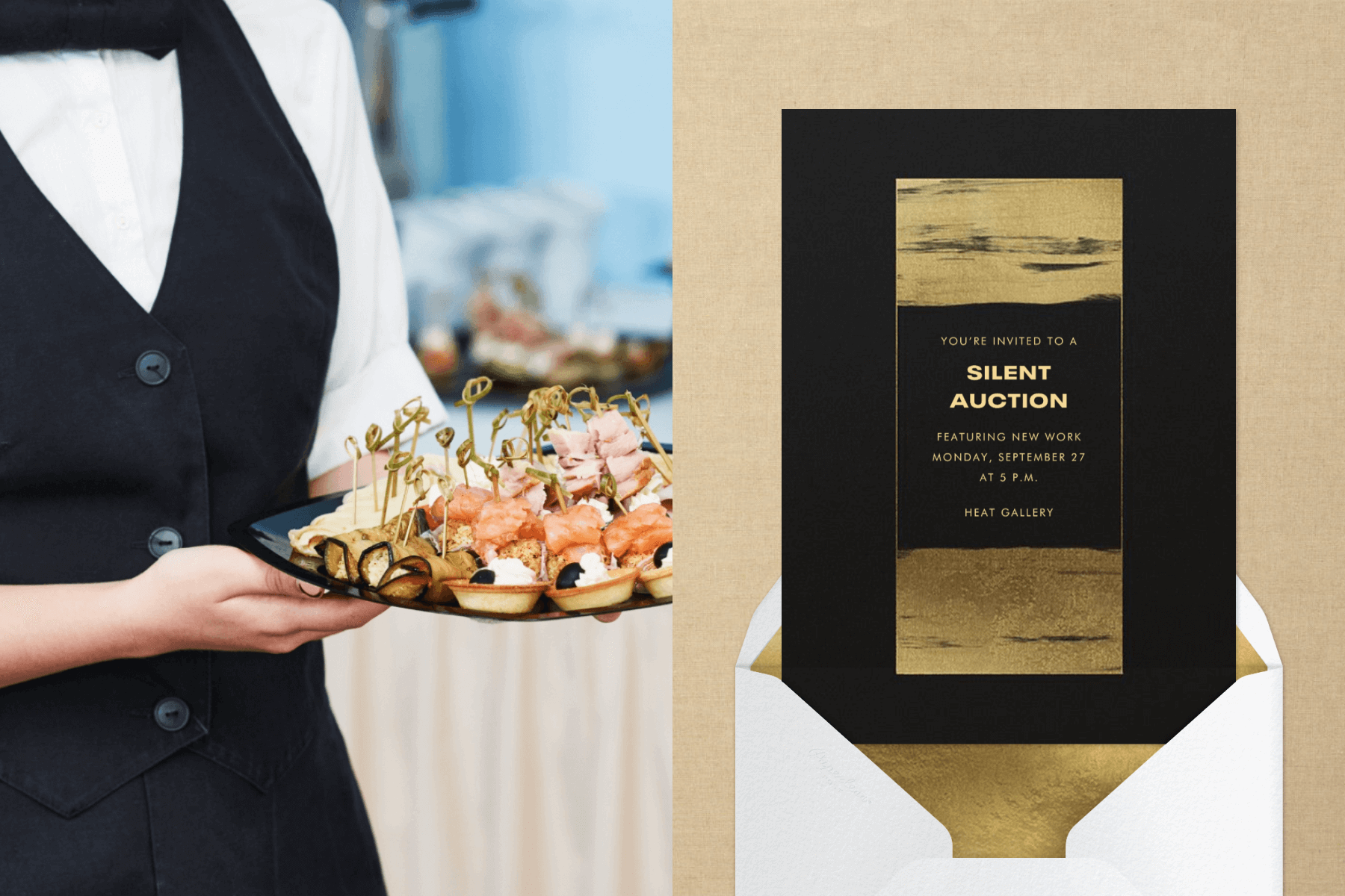 Left: A waiter carries passed hors d'oeuvres on a tray. Right: A black invitation for a silent auction with gold brushstrokes in the center.