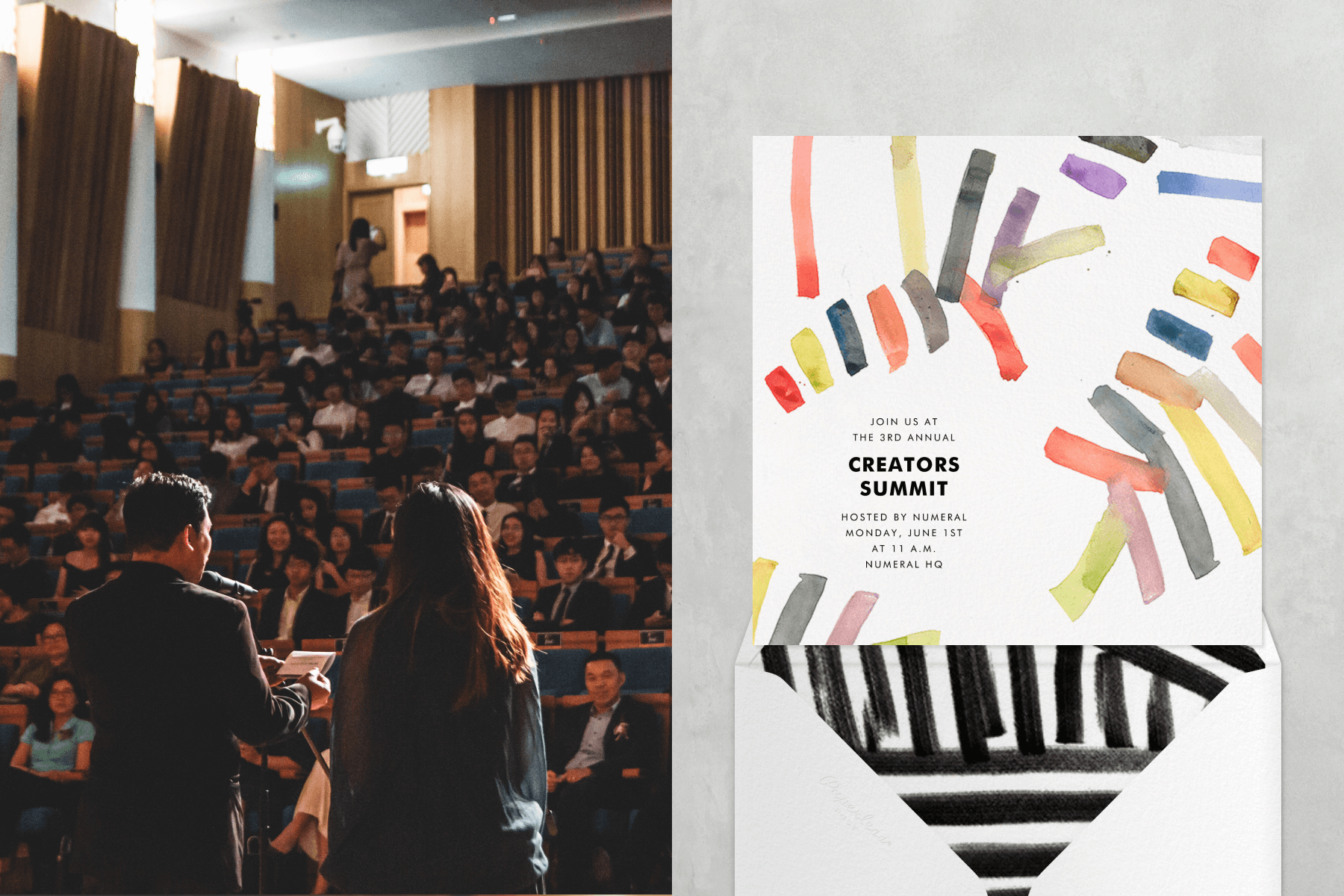 Left: Two people speak to a crowd in an auditorium. Right: A creators summit invitation with colorful watercolor brush strokes placed randomly.