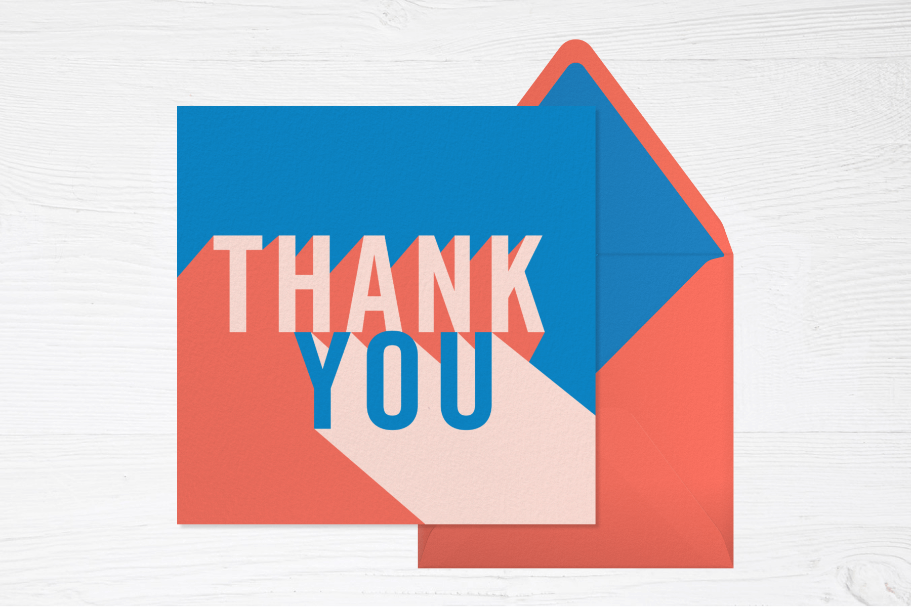 A thank you card in blue, peach, and dark orange with the words “thank you” typed in block letters with two-point perspective.