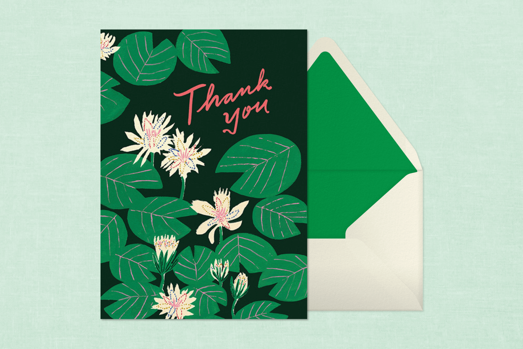 A thank you card with a illustration of blooming lily pads on a black background.