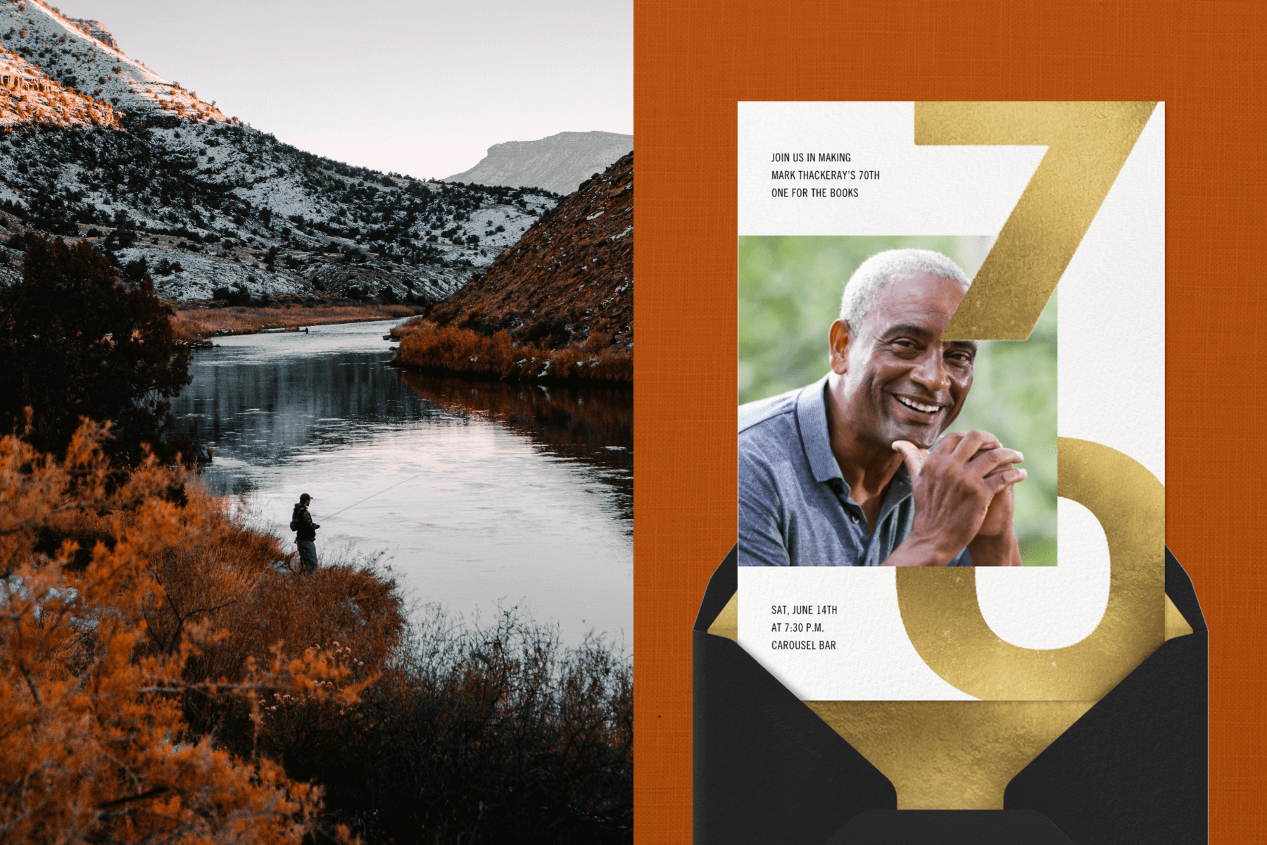 Left: snowy mountain lake scene with a person fishing in the distance. Right: 70th birthday invitation with a photo of a man and the number 70 in large gold foil