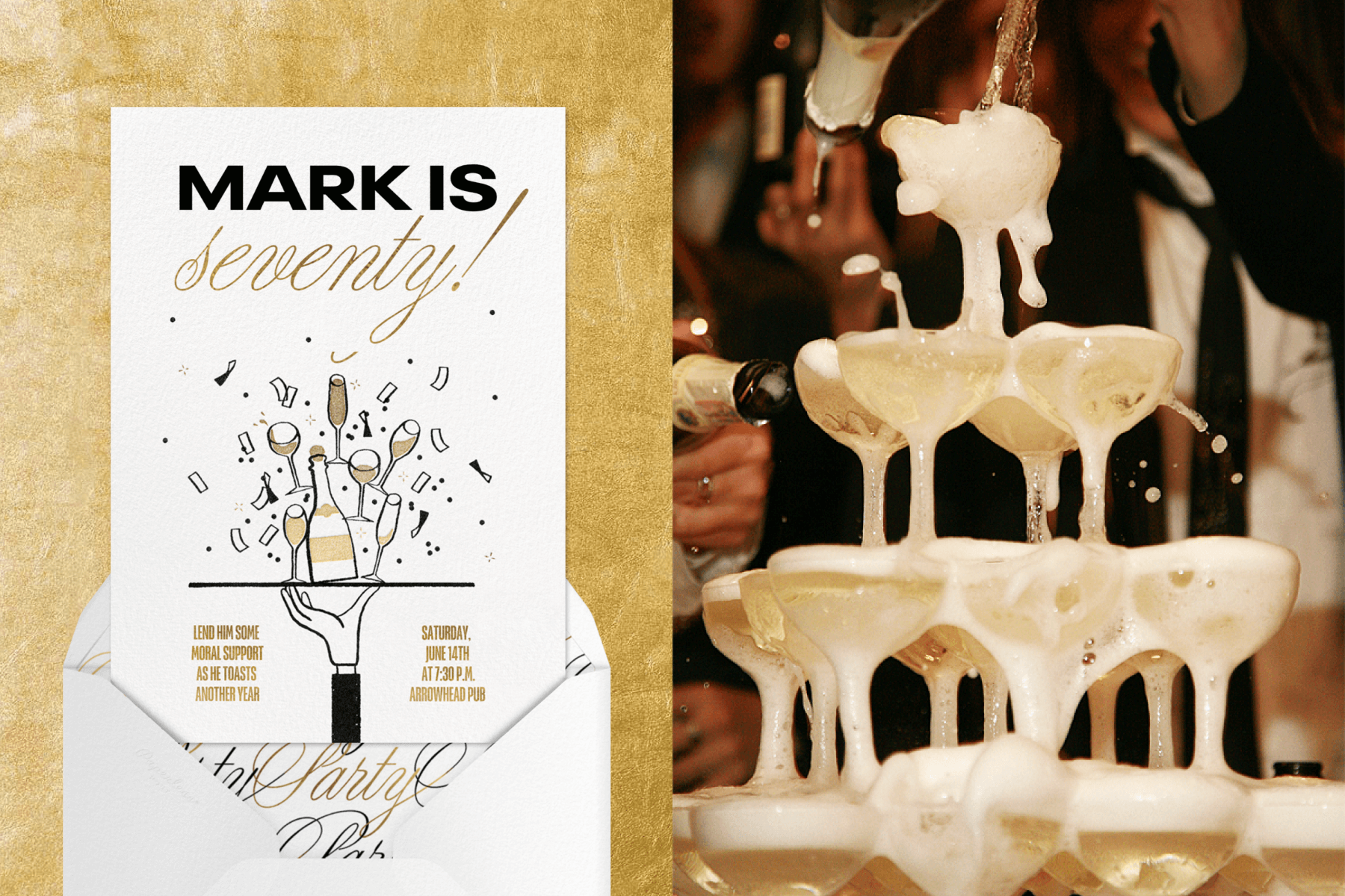 Left: birthday invitation with an illustrated hand holding up a tray of Champagne and glasses. Right: A Champagne tower overflowing with froth