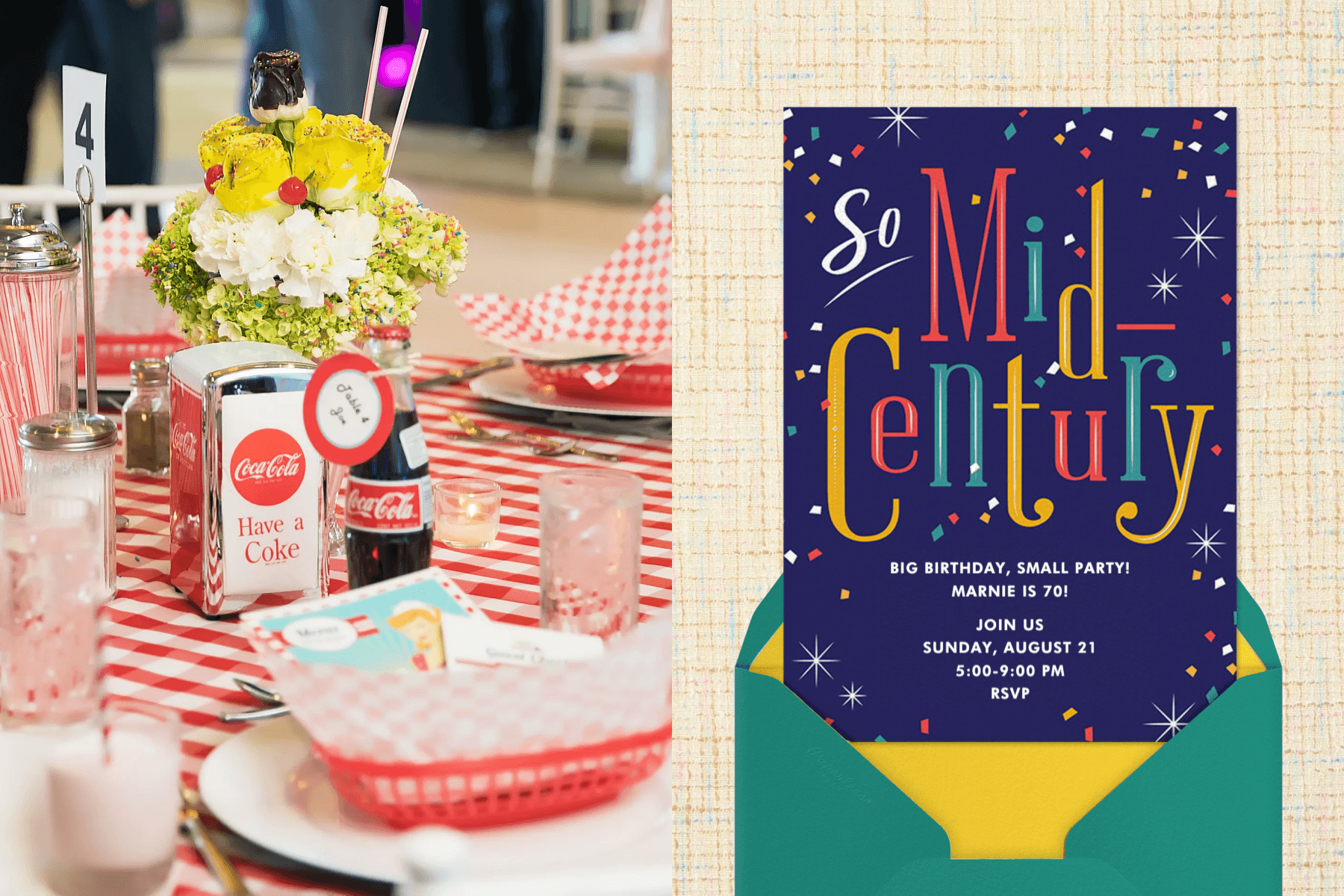  Left: retro themed tabletop with gingham supplies and Coke products; Right: midcentury invitation featuring the text “So Mid-Century”