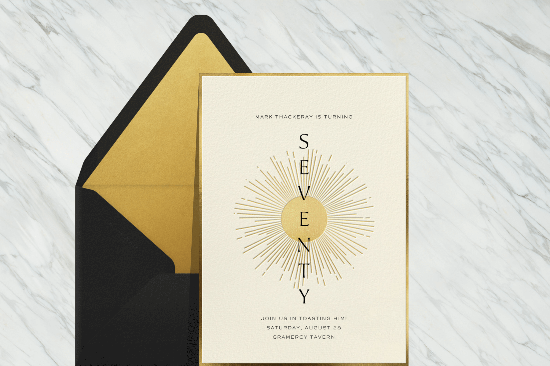 70th birthday invitation with a gold sunburst in the middle