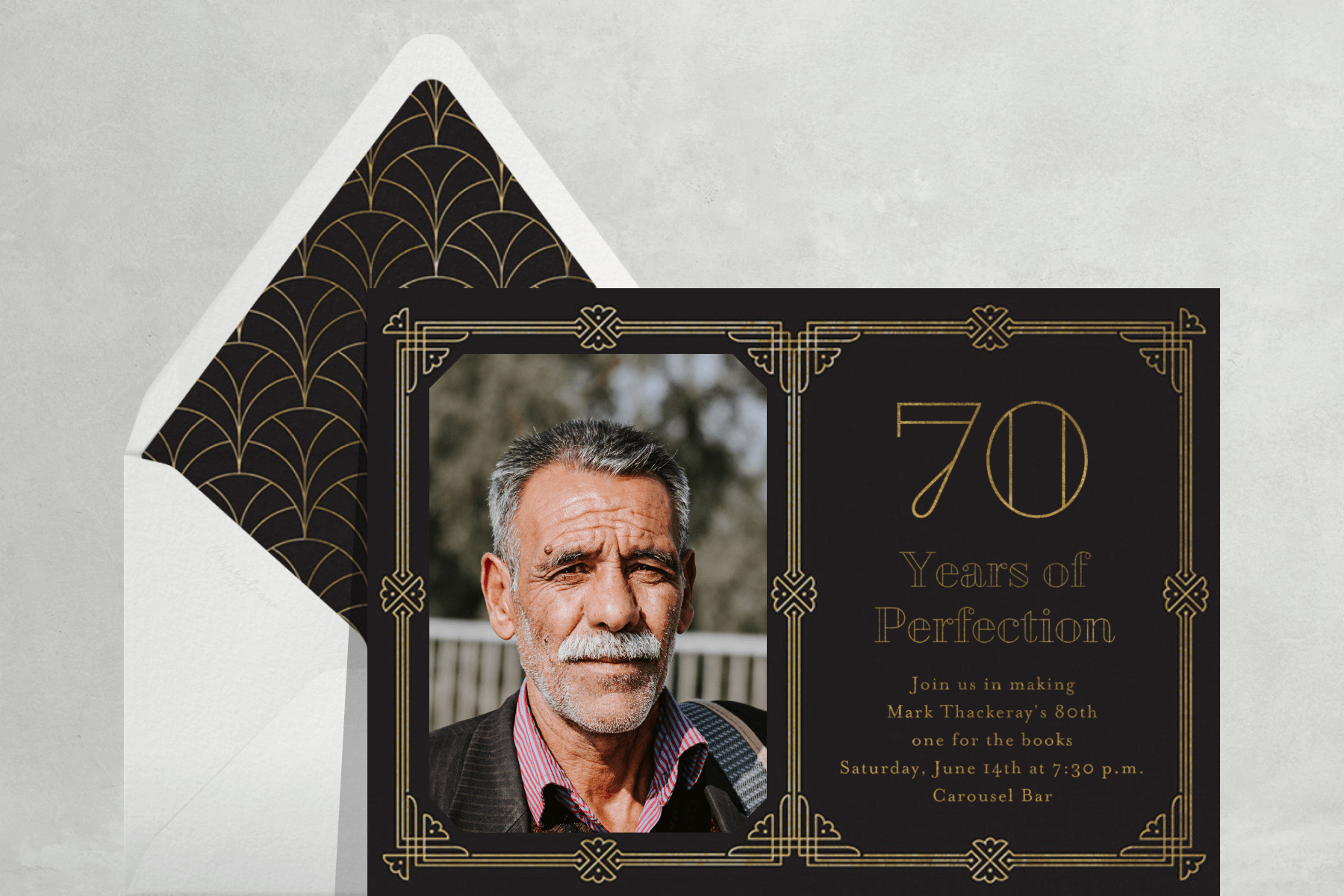 70th birthday invitation with a photo of a man and Art Deco-inspired gold foil border