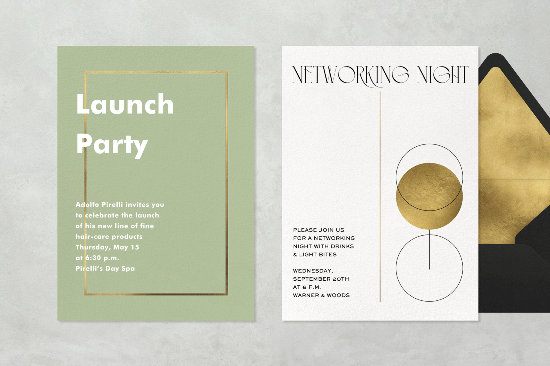 Two invitations—one is pistachio green with a gold inset border and reads “Launch Party,” and the other reads “Networking Night” and has a simplistic drawing of a wine glass with gold liquid in it.