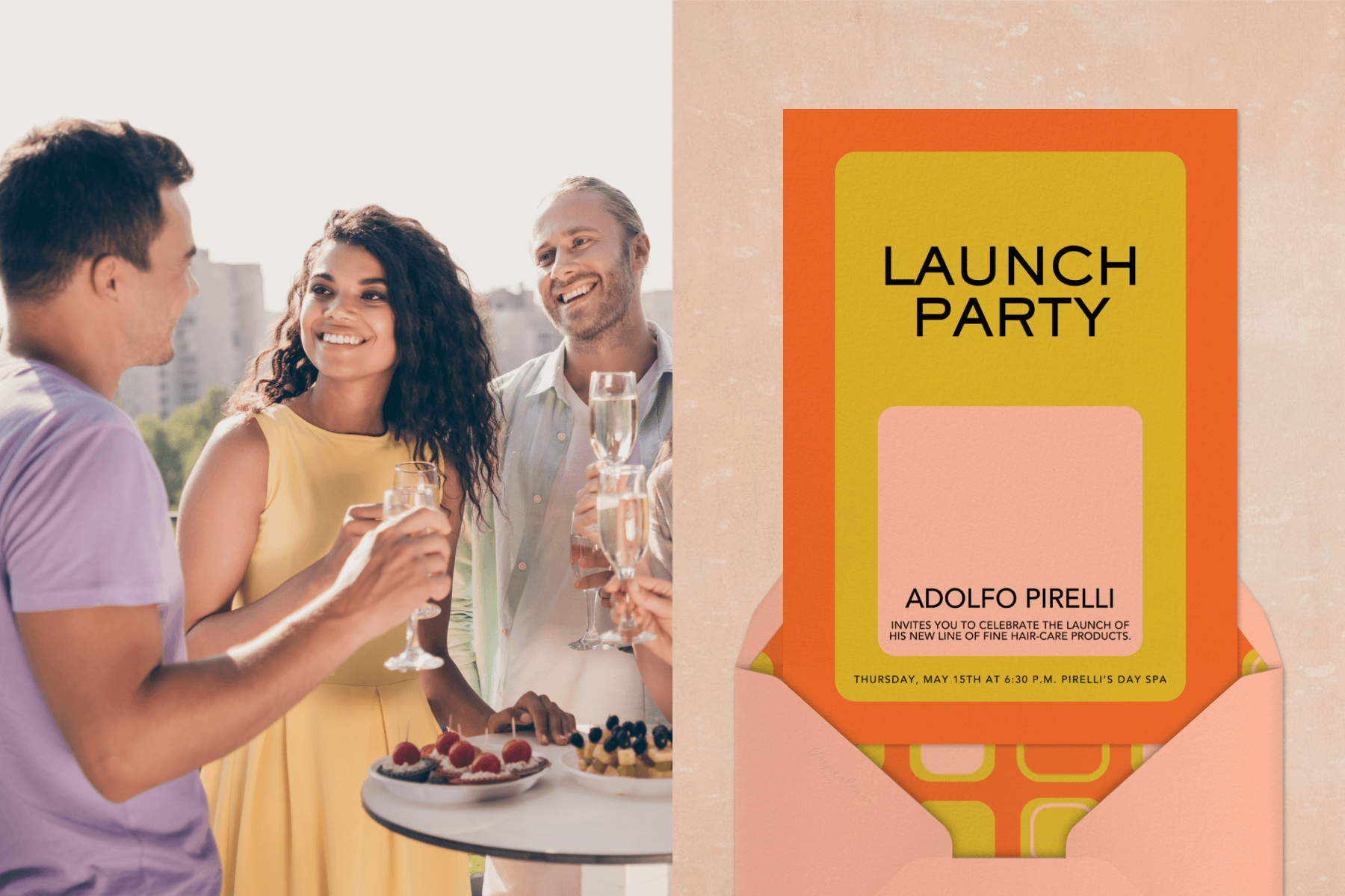 Left: Two men and a woman raise wine glasses by a tall table with fruit tarts on it. Right: A launch party invitation has a thick orange curved border and yellow center with a light pink rounded square in the bottom center.