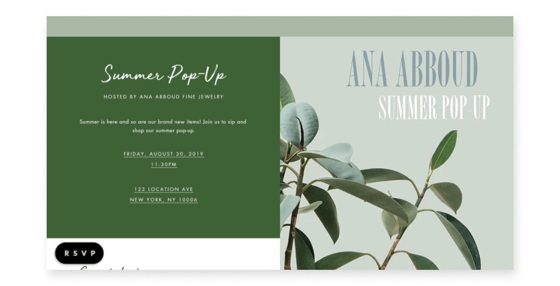 An online invite to “Ana Abboud Summer Pop-Up” is dark green on the left half and light green on the right with a photo of some plant sprigs.
