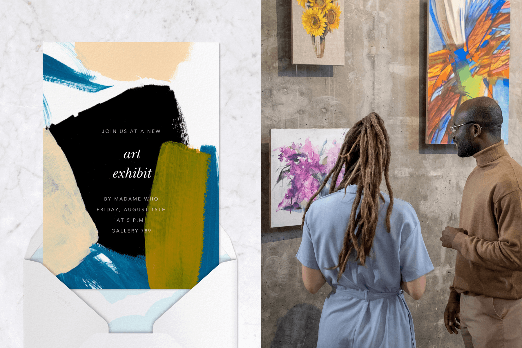 left: An art exhibit invitation with broad paint brush strokes in black, peach, blue, and olive. Right: Two people shown from behind adire three pieces of painted artwork on a concrete wall.