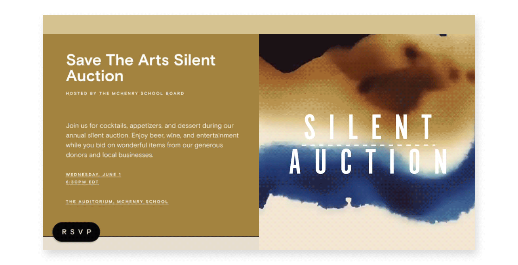 An online invite for a Save the Arts Silent Auction with gold on the left side and on the right, a gif of what appears to be black watercolor paint bleeding into gold and blue.