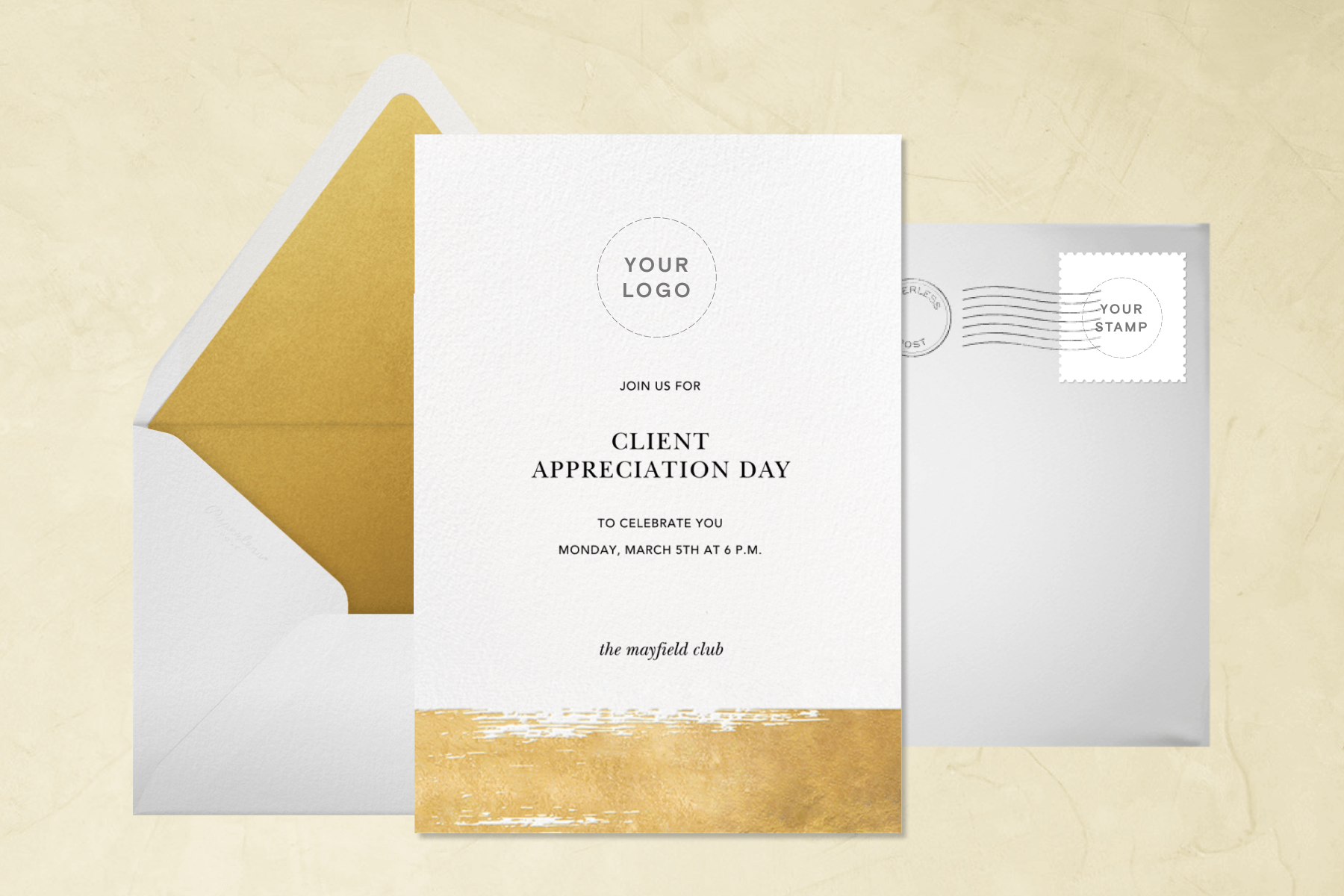 A Client Appreciation Day invitation with a gold brushstroke at the bottom and the option to add your own logo at the top, resting on a white envelope with gold lining and a white envelope with an option to upload your own stamp.