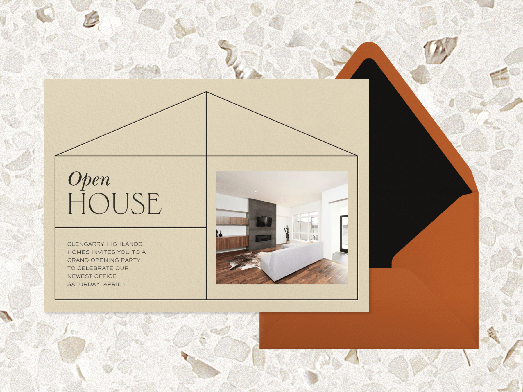 An invitation for an open house with a simplified house shape and a photo on the right of a living room with a white couch and dark fireplace.