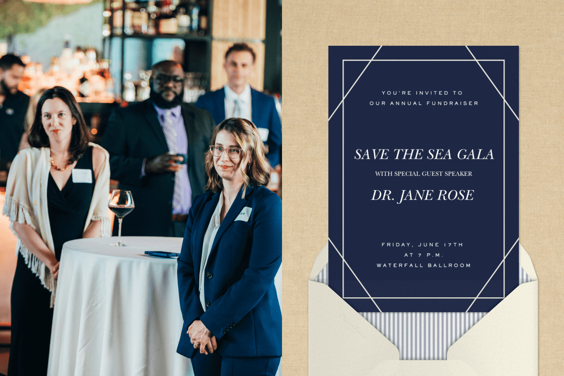 Left: Several people in businesswear stand beside a tall cocktail table with a wine glass on it. Right: A navy invitation for the “Save the Sea Gala” with a thin white border and intersecting lines.