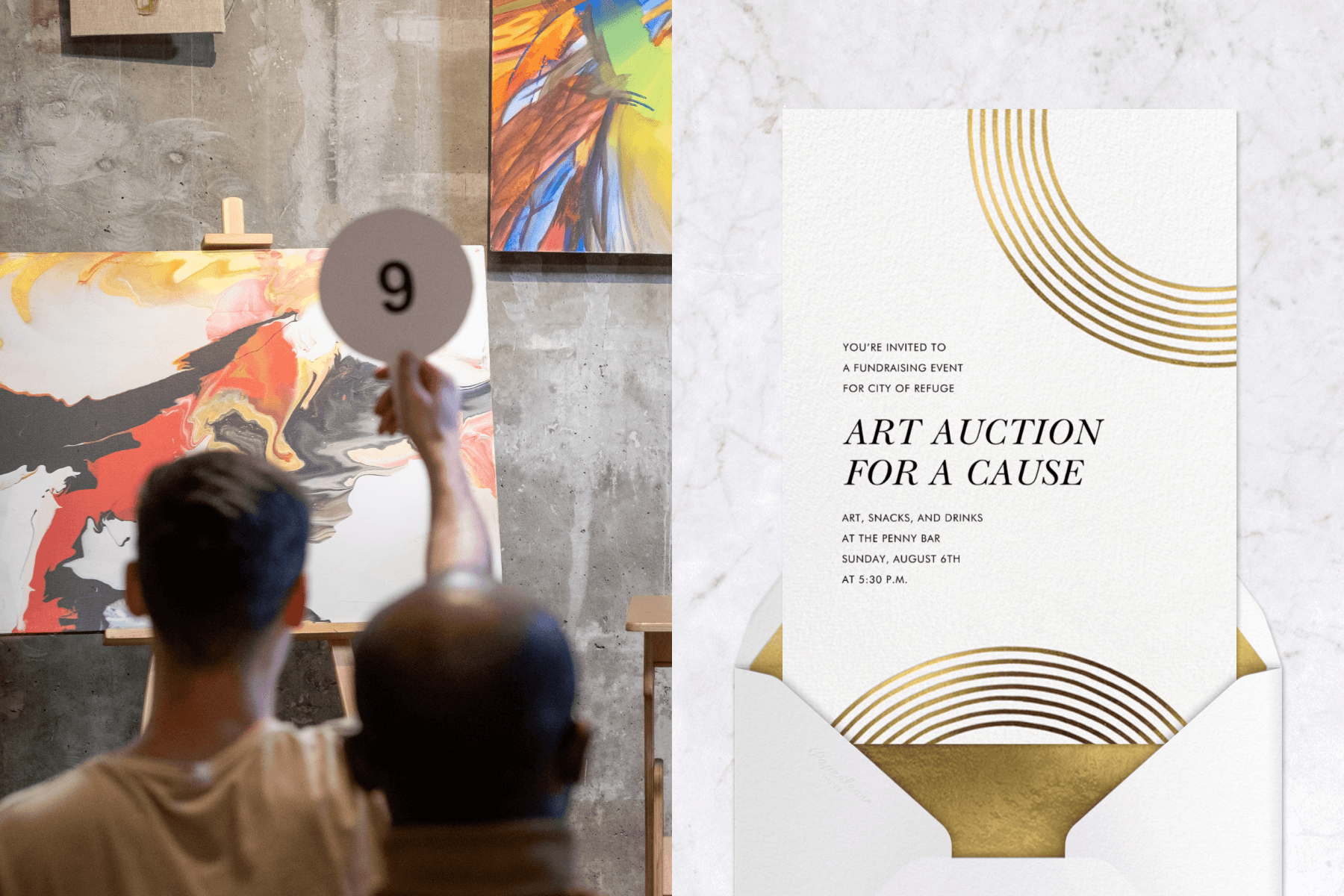 Left: A man holds up a 9 paddle in front of a painting at an art auction. Right: An art auction invitation with gold arches on the bottom and upper right corner.