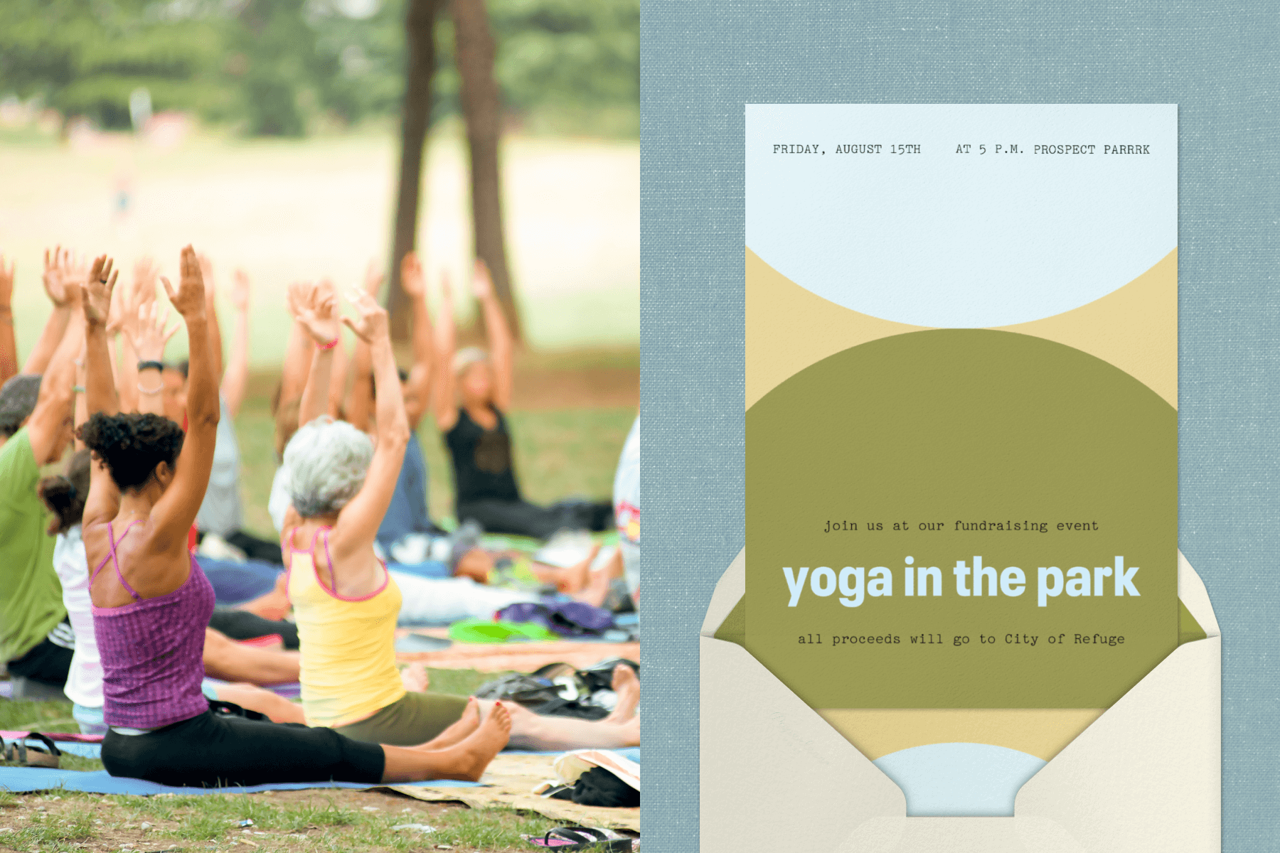 Left: People doing yoga in a park. Right: An invitation for yoga in the park with large green and white circles extending off the frame to create abstract shapes.