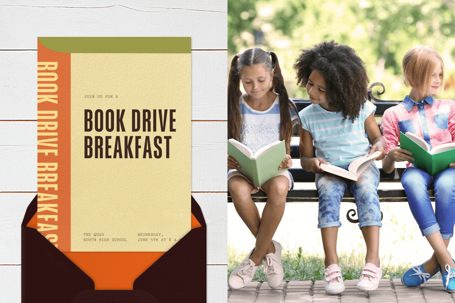 Left: An invitation for a book drive breakfast resembles a hardcover book with an orange spine and green pages. Right: Three young girls read books on a bench while one looks over at another’s book.