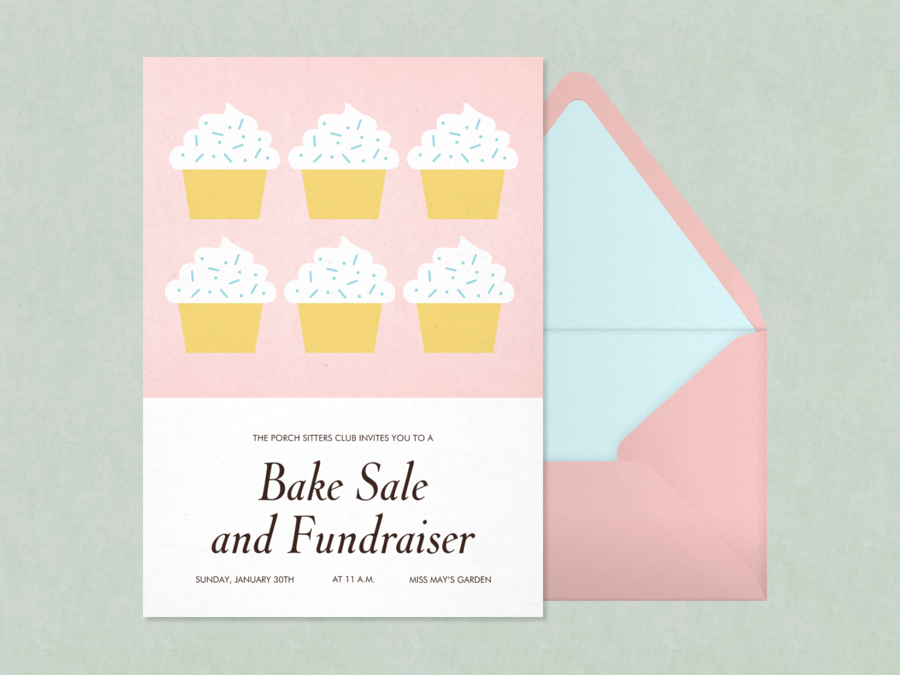 A pink bake sale and fundraiser invitation with a simplified illustration of six cupcakes with a watching pink envelope.