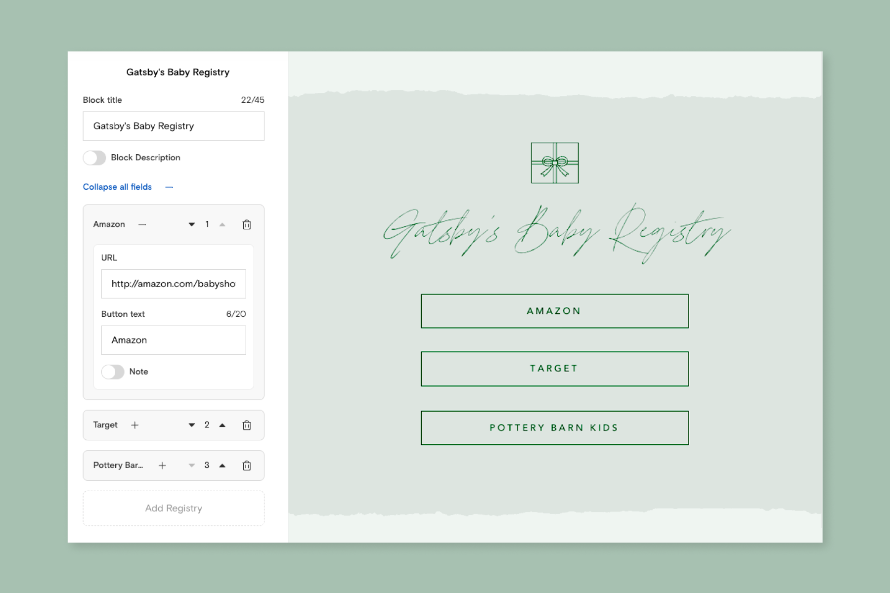 A green baby Registry Block during its creation process with links to Amazon, Target, and Pottery Barn Kids for someone named Gatsby.